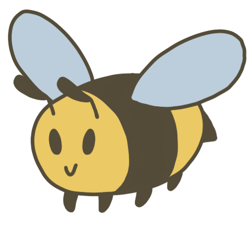 A cartoon style drawing of a bee. It is yellow, black, round and smiling.